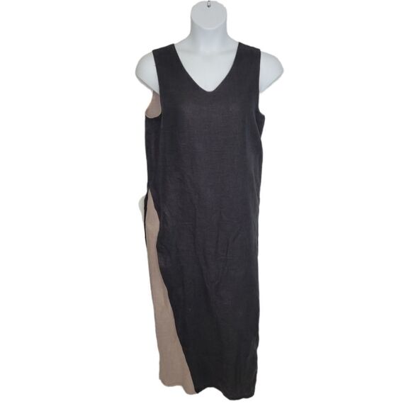 LINEN reversible dress black and gray sleeveless ankle lagenlook maxi S - Picture 3 of 9